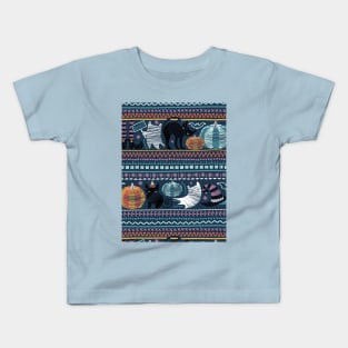 Embroidery Halloween // black cats orange and teal pumpkins white ghosts and purple stitches on teal background Kids T-Shirt